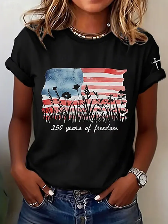 Women's Short Sleeve T-shirt Summer Black Independence Day (Flag) Printing Jersey Crew Neck Daily Going Out Casual Top