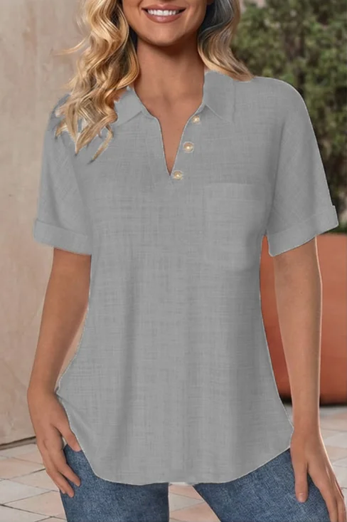 Cotton And Linen Short Sleeve V-Neck Button Summer Going Out Casual Top