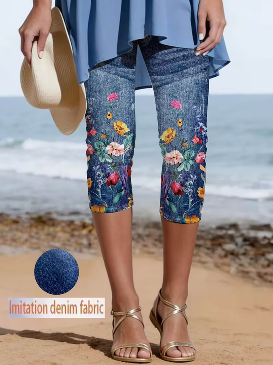 Women's  Elastic Waist H-Line Legging Daily Going Out Pants Blue Casual Printing Faux Denim Print Graphic Summer Pants