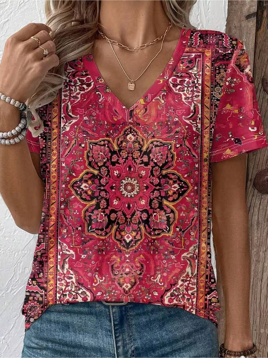 Women's Short Sleeve T-shirt Summer Pink Ethnic Printing V Neck Holiday Going Out Vintage Top