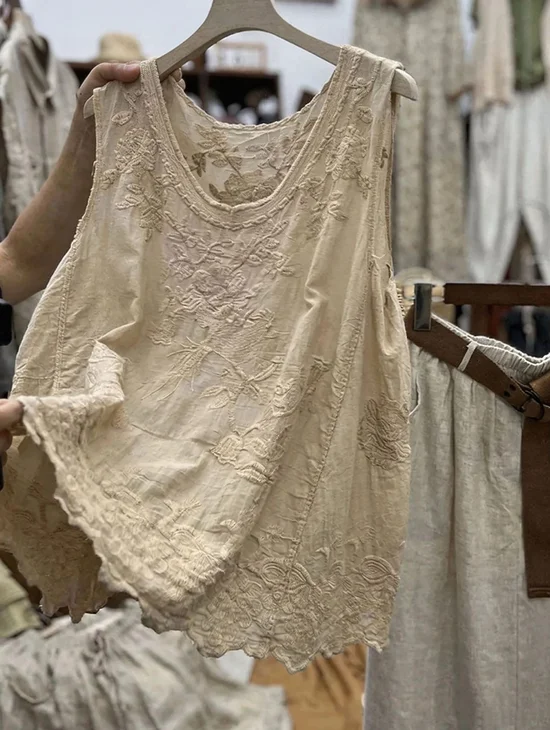 Women Vintage Cotton And Linen U-Neck Sleeveless Embroidery Patterns A-Line Casual Top