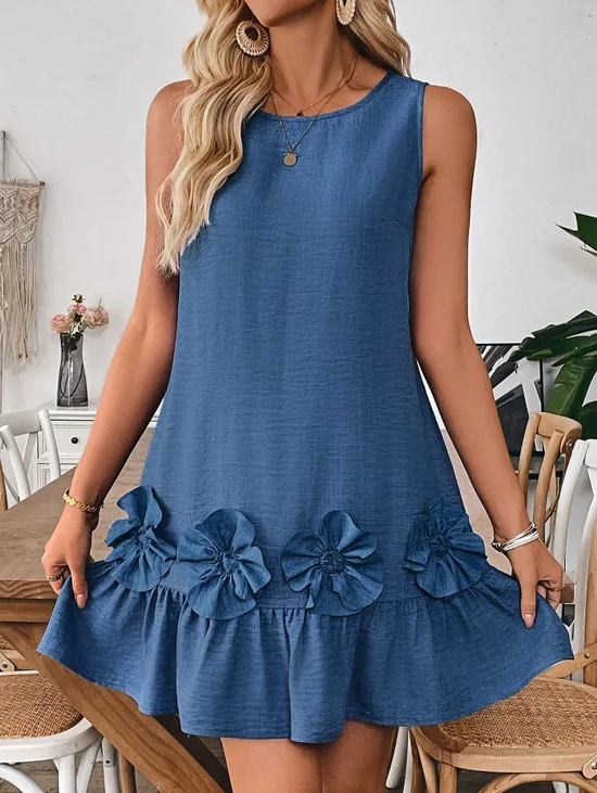 Women 3D Flower Crew Neck Sleeveless Summer Going Out Casual Tank Dress