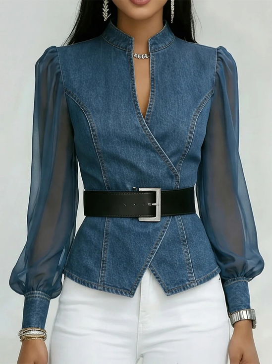 Women's Fashionably Elegant Slim-fitting Denim Look Jacket With Organza Sleeves Casual Blouse