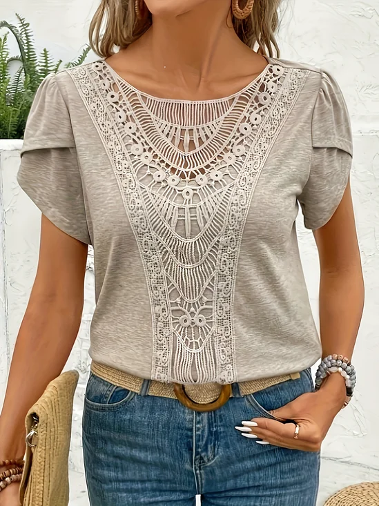 Women Lace Patchwork Short Sleeve Crew Neck Summer Going Out Casual T-Shirt