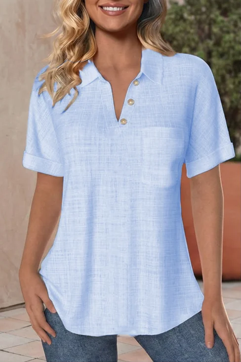 Cotton And Linen Short Sleeve V-Neck Button Summer Going Out Casual Top