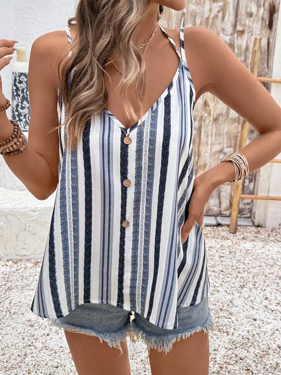 Striped Adjustable Shoulder Strap Decorative Buttons V-Neck Summer Casual Cami Top