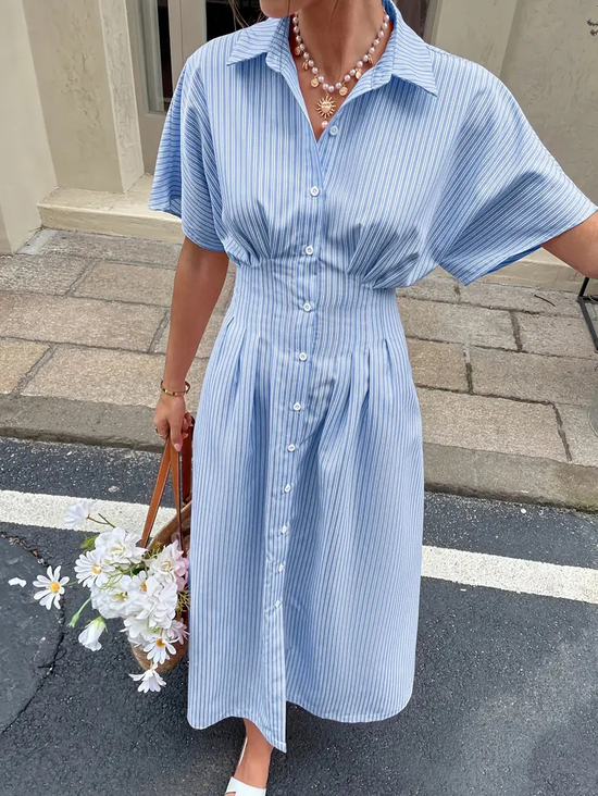 Blue Striped Slim Waist Short Sleeve Round Neck Short Dress