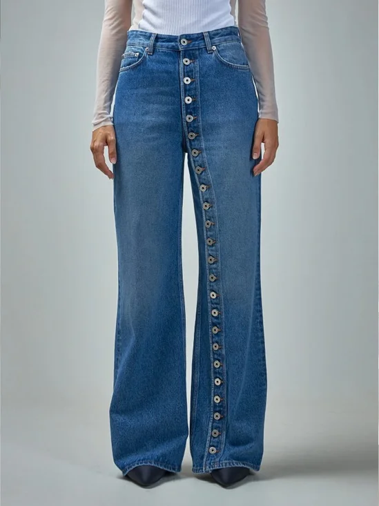 Washed Denim High Waist Wide Leg Single-Button Straight Silhouette  Street Jeans