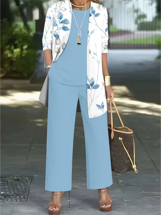 Women's Printing Floral Daily Going Out Matching Outfit Blue Casual Spring/Fall Multi-Piece Set Matching Set