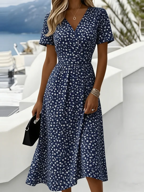 Regular Fit Floral Elegant V Neck Dress With No