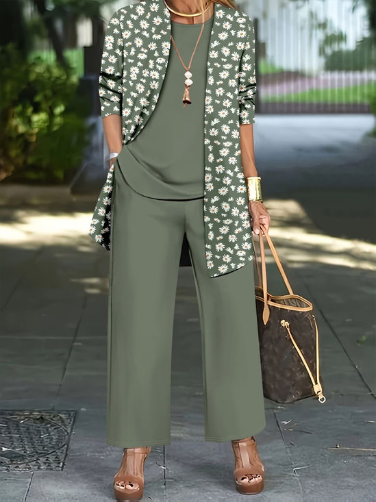 Women's Printing Floral Daily Going Out Matching Outfit Green Casual Spring/Fall Multi-Piece Set Matching Set