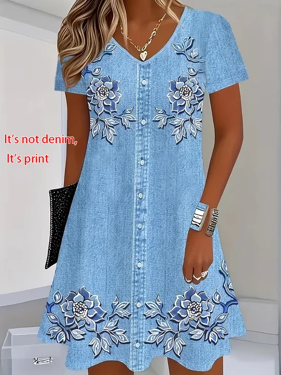 Women's Short Sleeve Summer Blue Floral Printing V Neck Daily Going Out Casual Knee Length H-Line T-Shirt Dress Dress