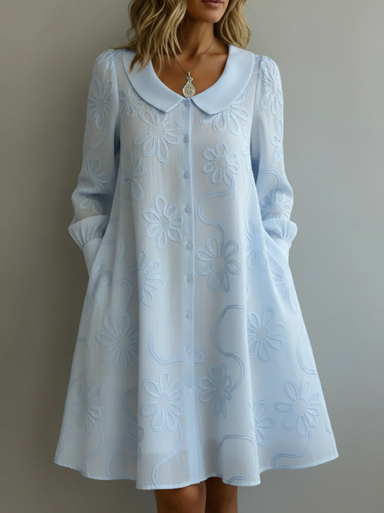 Light Blue Floral Printed Long Sleeve Button-Down Midi Dress