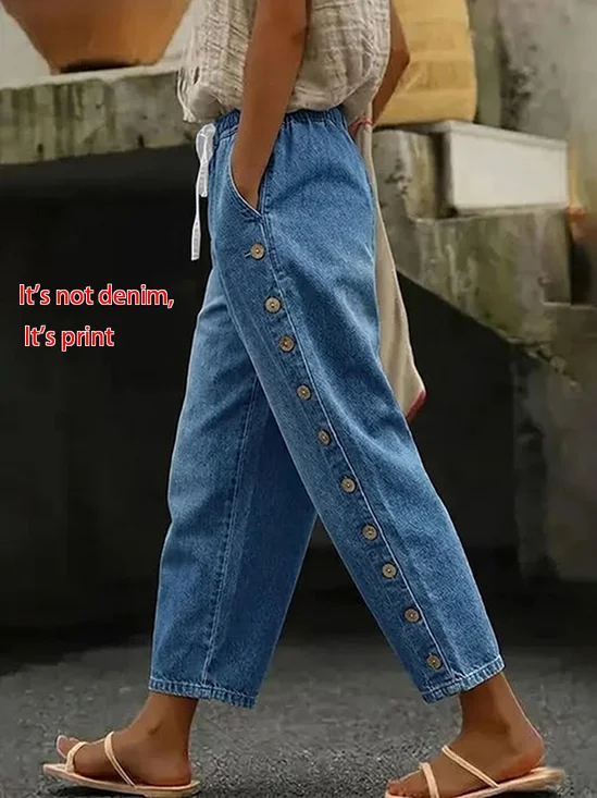Women's  H-Line Baggy Pants Daily Going Out Pants Blue Casual Buckle Faux Denim Print Graphic Spring/Fall Pants