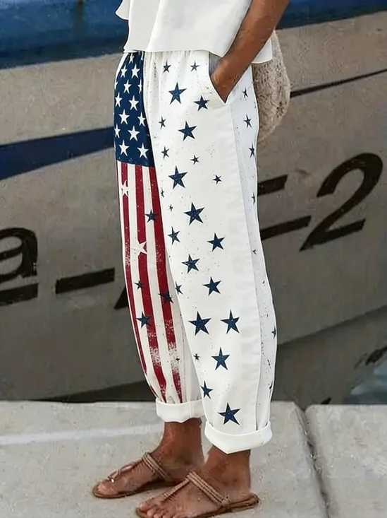 Women's  H-Line Baggy Pants Daily Going Out Pants White Casual Printing Independence Day (Flag) Spring/Fall Pants