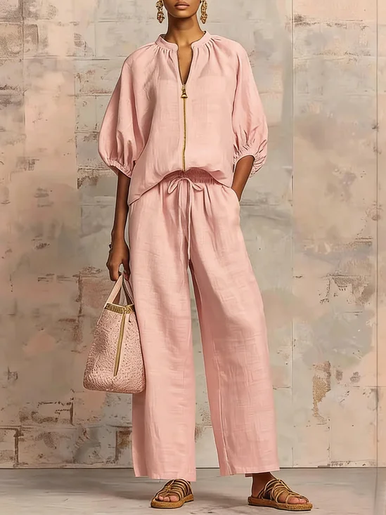 Cotton The Quarter Sleeve V Neck Zipper Top With Pants Casual Two-Piece Set