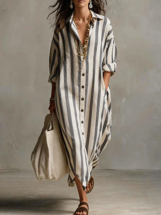 Boho Striped Button-Down Maxi Shirt Dress