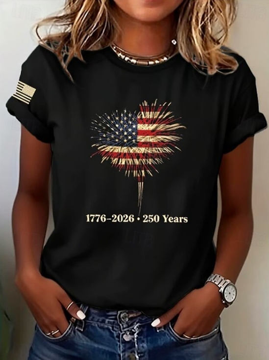 Women's Short Sleeve T-shirt Summer Black Independence Day (Flag) Printing Jersey Crew Neck Daily Going Out Casual Top