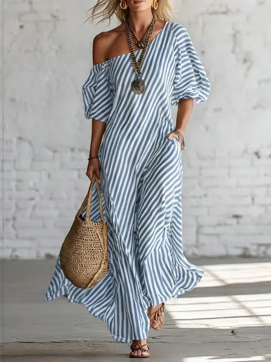 Striped Asymmetrical Neck  Puff Short Sleeve Spring Summer Casual Maxi Dress