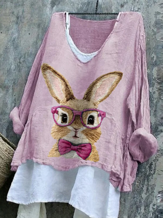 Women's Long Sleeve Blouse Spring/Fall Pink Easter (rabbit) Printing V Neck Daily Going Out Casual Top