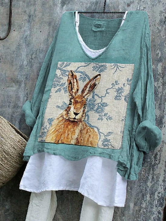 Women's Long Sleeve Blouse Spring/Fall Cyan Easter (rabbit) Printing V Neck Daily Going Out Casual Top
