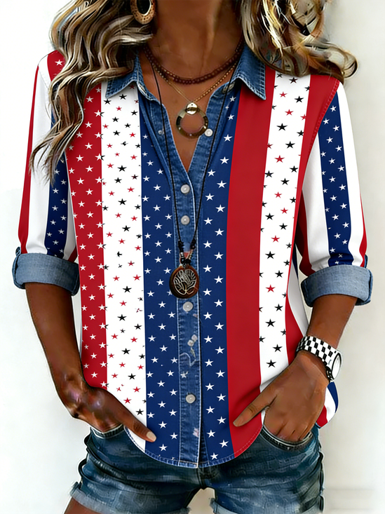 Faux Denim Print Graphic Casual Others Shirt