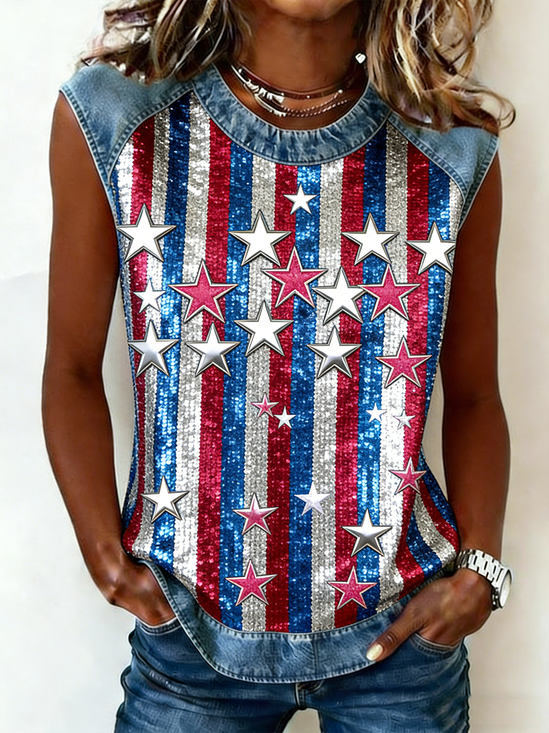 Crew Neck Vintage Gradient Pattern Loose Tank Top