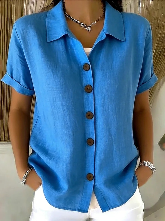 Women's Solid Color Linen Blend Button Front Short Sleeve Rolled Cuff Shirt
