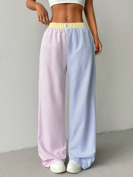 Striped High Waist Wide Leg Color Block Spring Summer Casual Pants