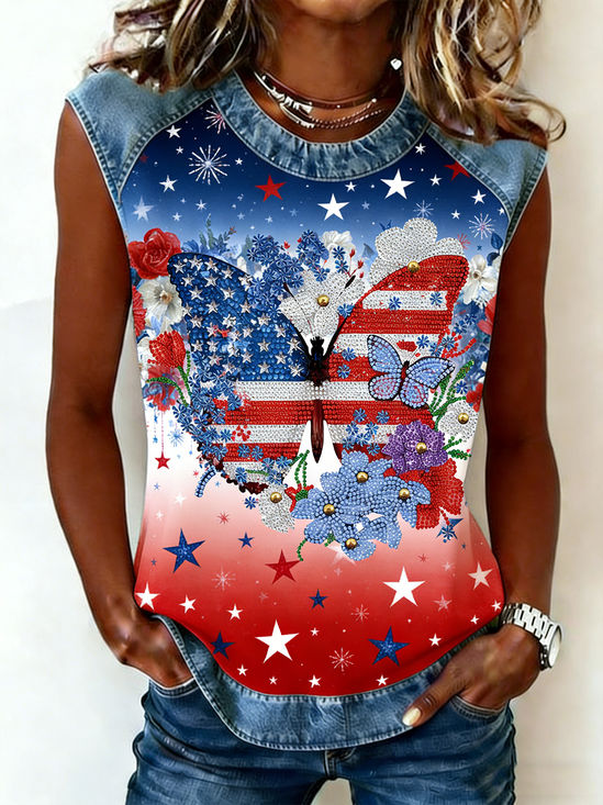 Crew Neck Butterfly Vintage Tank Top