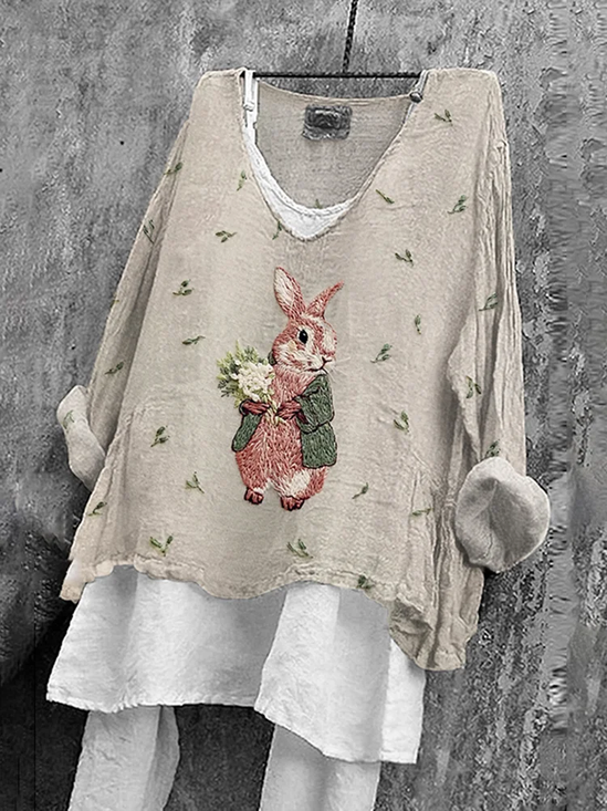 Women's Long Sleeve Blouse Spring/Fall As Picture Easter (rabbit) Printing V Neck Daily Going Out Casual Top