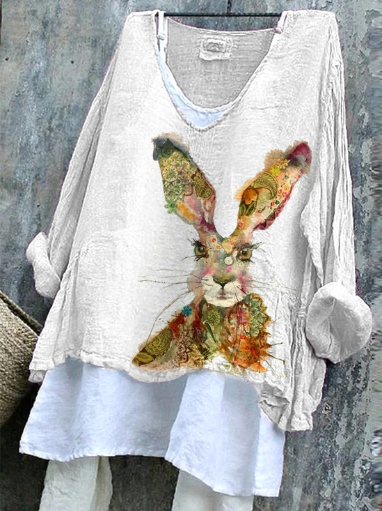 Women's Long Sleeve Blouse Spring/Fall White Easter (rabbit) Printing V Neck Daily Going Out Casual Top