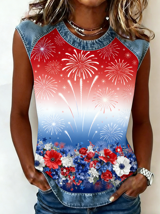 Vintage Floral Loose Crew Neck Tank Top