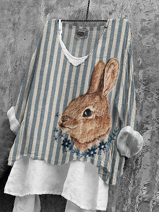 Women's Long Sleeve Blouse Spring/Fall As Picture Easter (rabbit) Printing V Neck Daily Going Out Casual Top