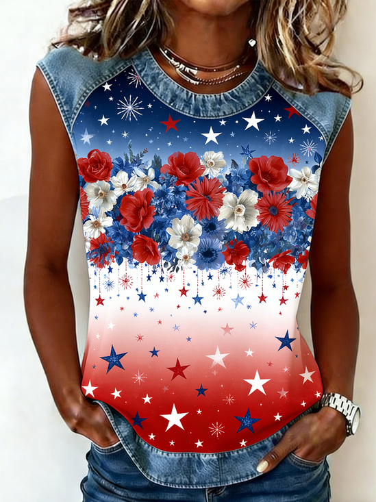 Vintage Crew Neck Loose Gradient Pattern Tank Top