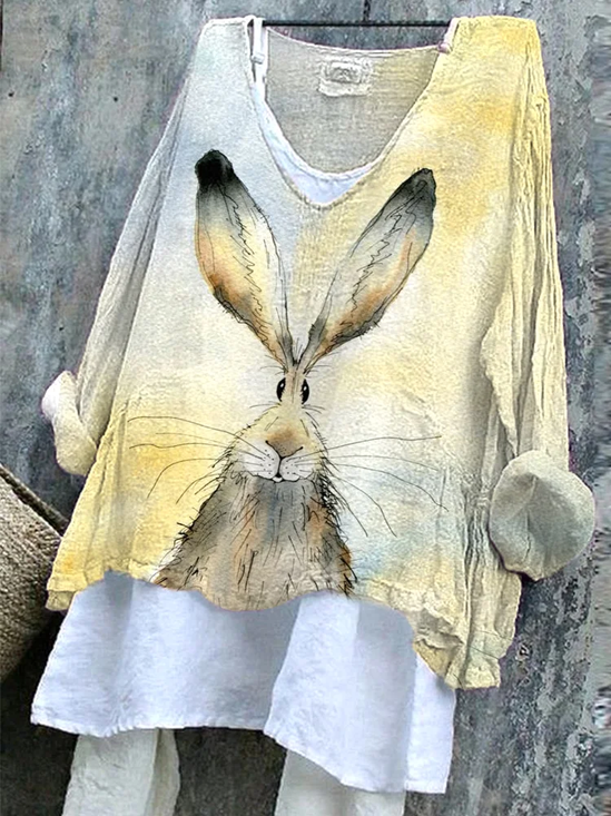 Women's Long Sleeve Blouse Spring/Fall Yellow Easter (rabbit) Printing V Neck Daily Going Out Casual Top