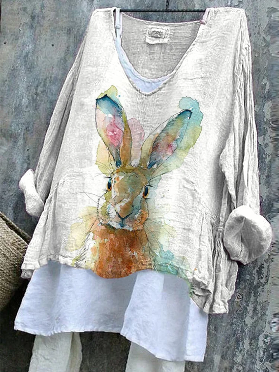 Women's Long Sleeve Blouse Spring/Fall White Easter (rabbit) Printing V Neck Daily Going Out Casual Top