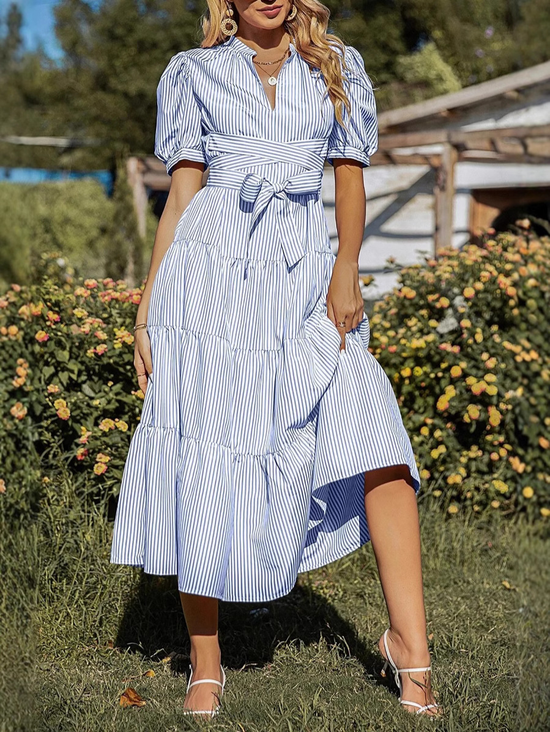 Blue Sttipe Belt Puff Short Sleeve  V Neck Ruffle A-line Summer Eatsre Casual Dress