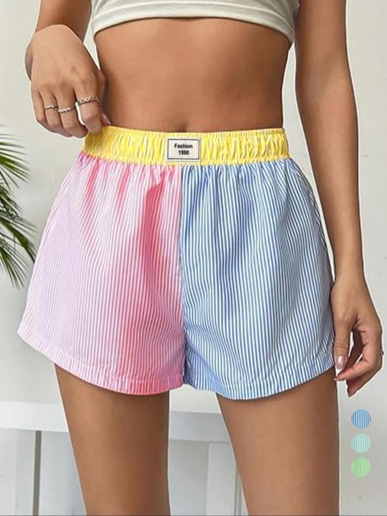 Striped High Waist Wide Leg Color Block Spring Summer Casual Shorts