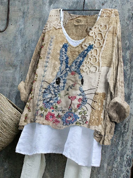 Women's Long Sleeve Blouse Spring/Fall As Picture Easter (rabbit) Printing V Neck Daily Going Out Casual Top