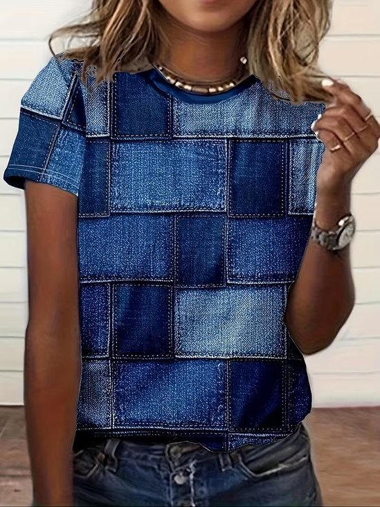 Women's Short Sleeve T-shirt Summer Blue Faux Denim Print Graphic Printing Jersey Crew Neck Daily Going Out Casual Top