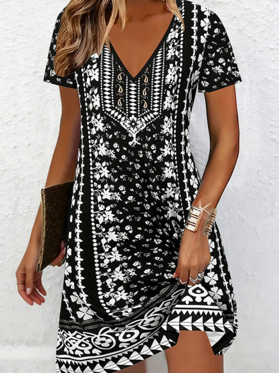 Women's Short Sleeve Summer Black Abstract Printing V Neck Daily Going Out Casual Knee Length H-Line T-Shirt Dress Dress