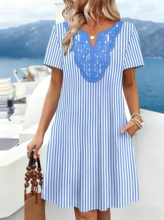 Blue Stripe Short Sleeve V Neck Lace Trim Summer Casual Dress