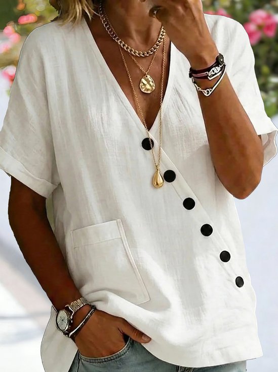 Plain Cotton Linen Top Short Sleeve V Neck Button Patch Pocket Summer Going Out Casual Shirt