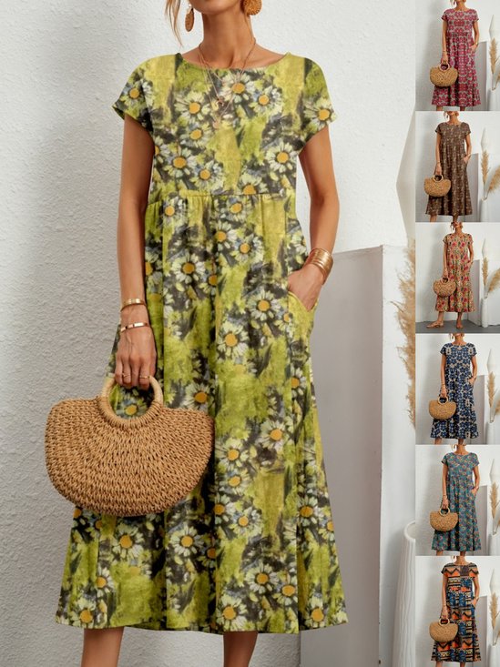 Women's Short Sleeve Summer Yellow Floral Split Joint Crew Neck Daily Going Out Vintage Maxi A-Line Tank Dress