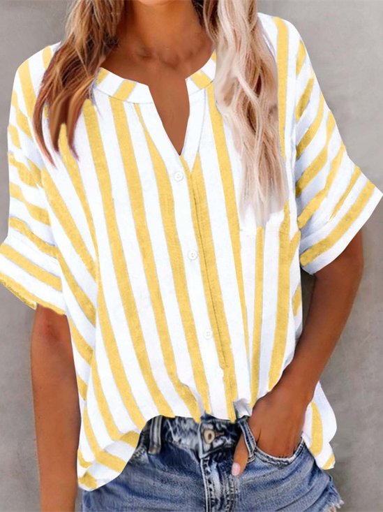 Women's Half Sleeve Shirt Summer Yellow Striped Split Joint V Neck Daily Going Out Casual Top