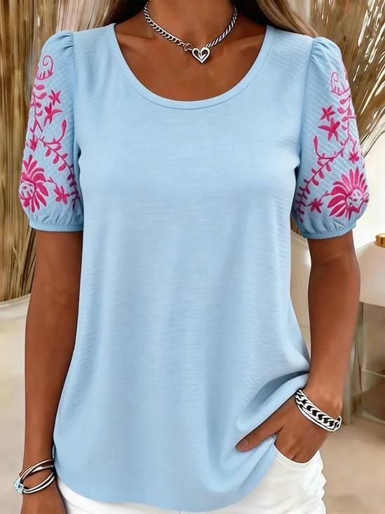 Puff Sleeve Elegant Embroidery Patterns Crew Neck T-Shirt