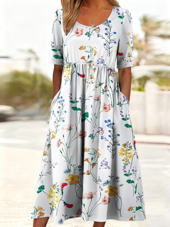 Women's Short Sleeve Summer White Floral Printing Crew Neck Daily Going Out Casual Maxi H-Line Shift Dress Dress