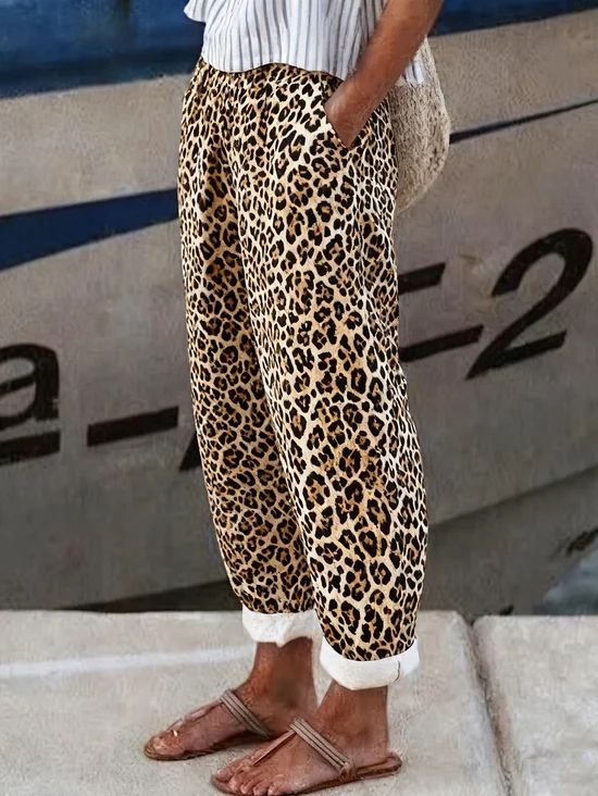 Women's  H-Line Baggy Pants Daily Going Out Pants Brown Casual Printing Leopard Spring/Fall Pants