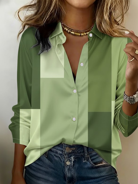 Women's Long Sleeve Shirt Spring/Fall Green Abstract Shawl Collar Daily Going Out Casual Top